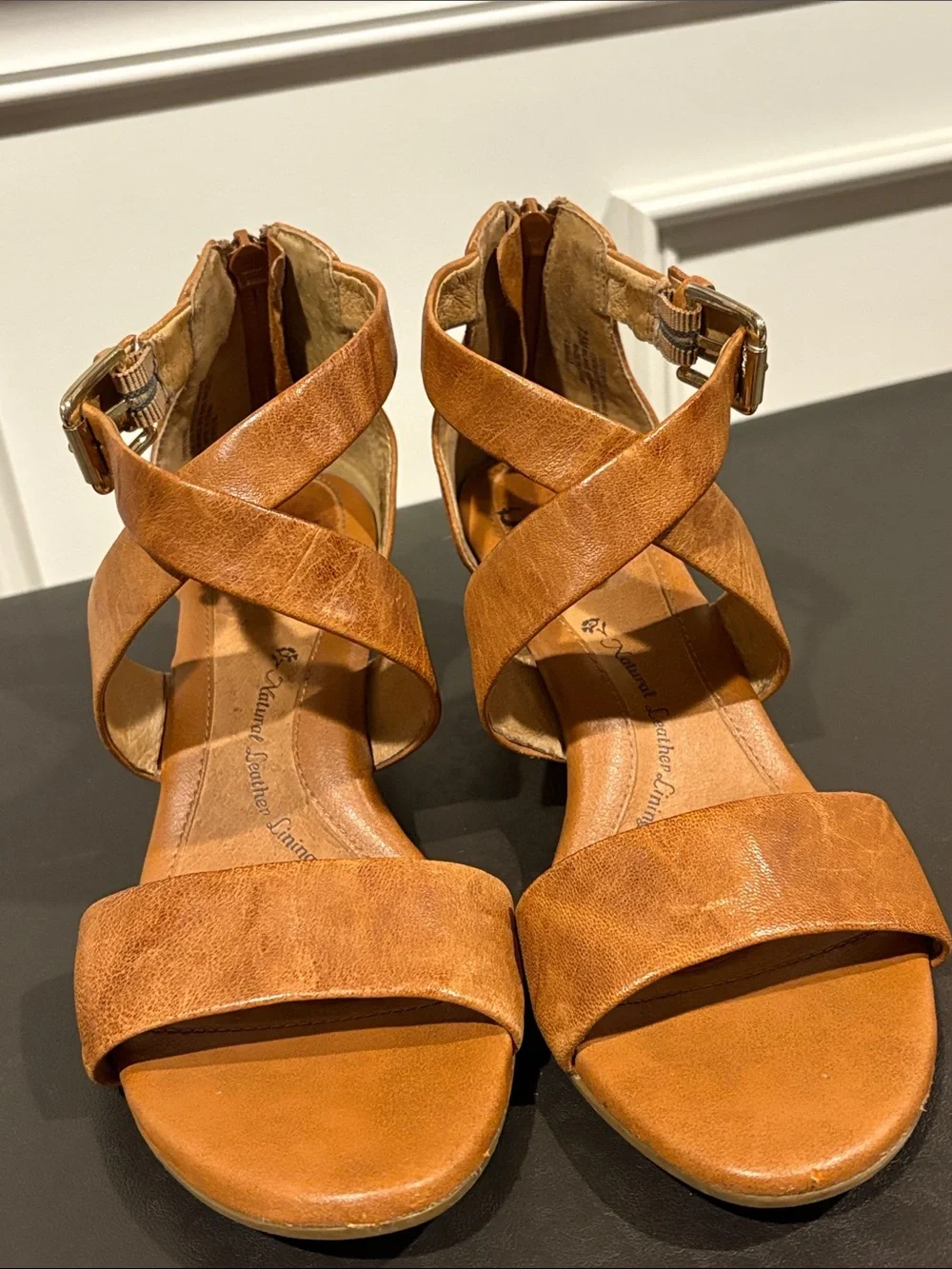 Sofft Tan Leather Crisscross Wedge Sandals